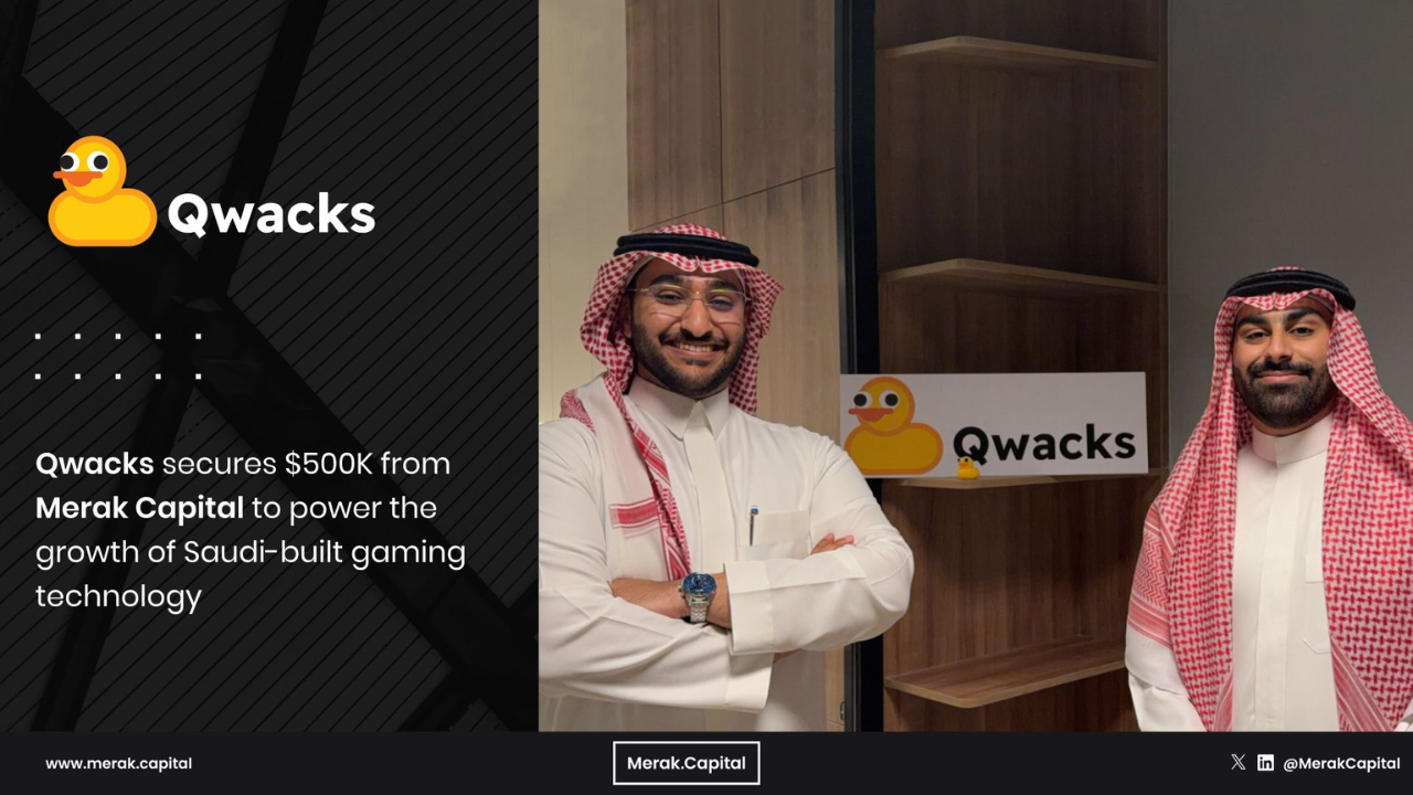 qwacks logo on the left, founder of qwacks and merak capital photo on the right