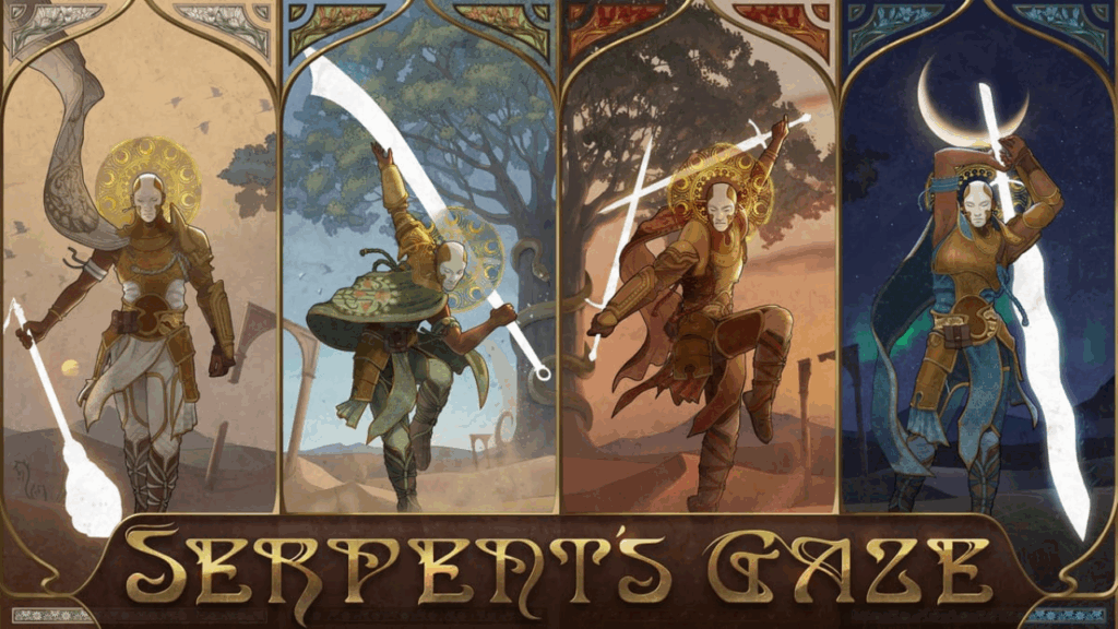 Cover art for Feeble Minds' new game Serpents Gate: Showing 4 characters from the game divided into 4 vertical frames, holding different spirit weapons