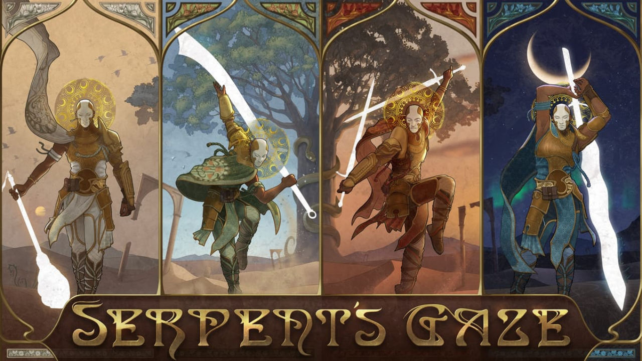 Cover art for Feeble Minds' new game Serpents Gate: Showing 4 characters from the game divided into 4 vertical frames, holding different spirit weapons