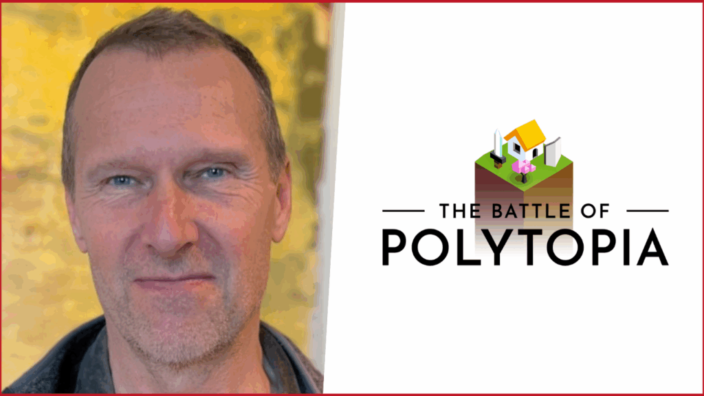 Christian Lövstedt photo on the left, The Battle of Polytopia logo on the right
