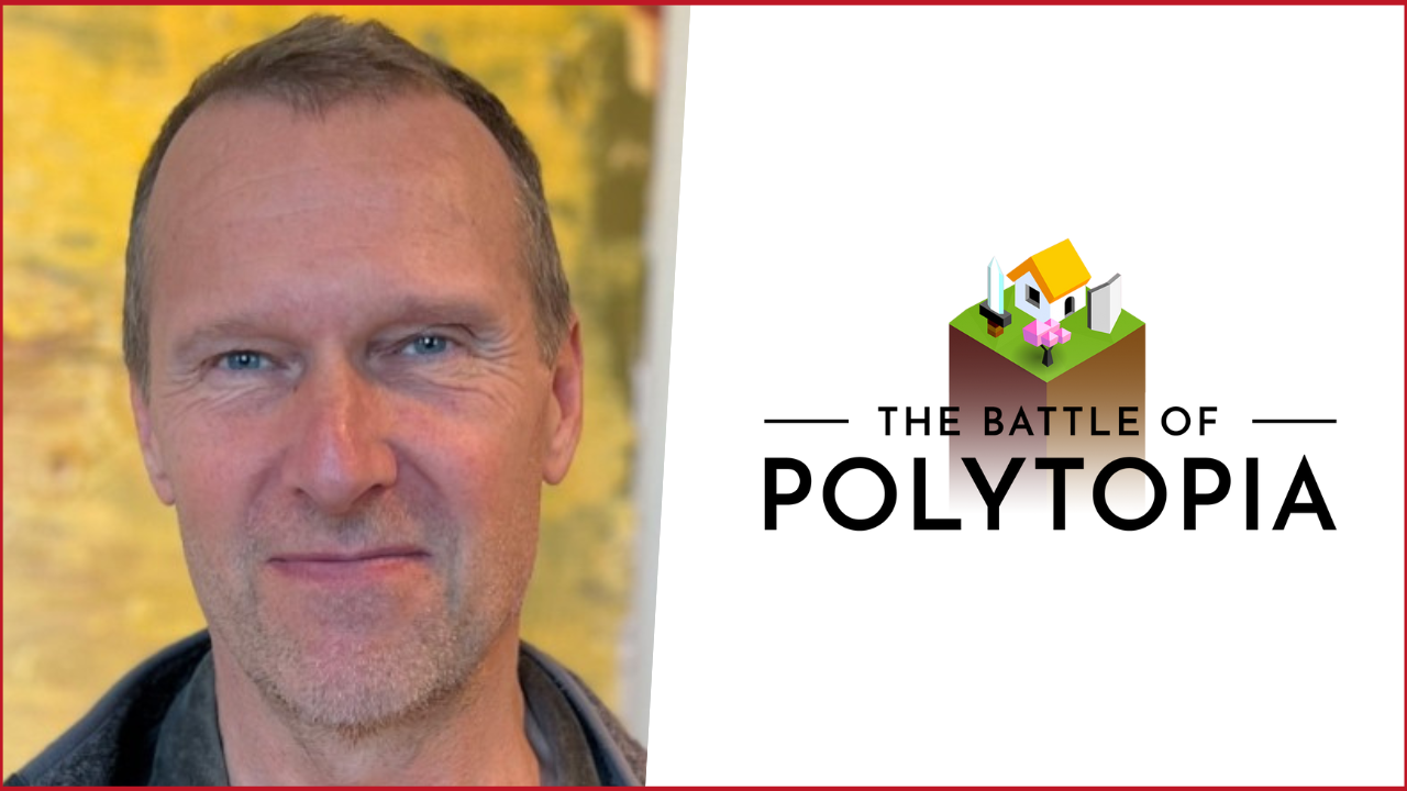 Christian Lövstedt photo on the left, The Battle of Polytopia logo on the right
