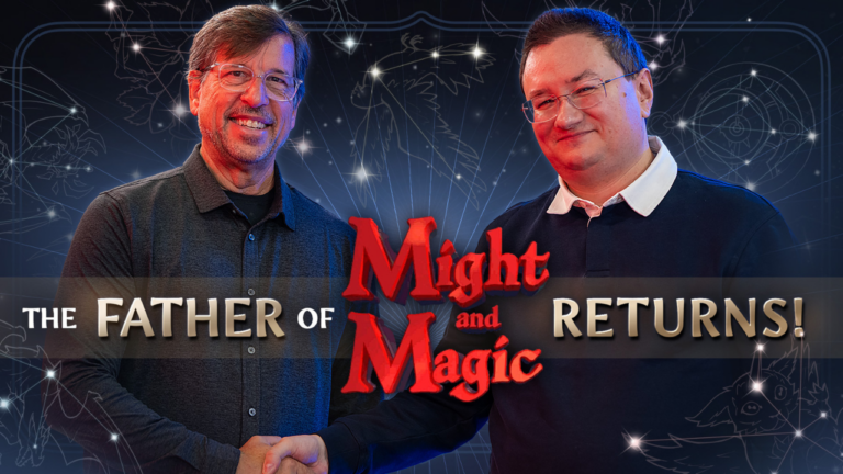 Jon Van Caneghem and Unfrozen CEO shaking hands, the text says: The FATHER of Might and Magic RETURNS