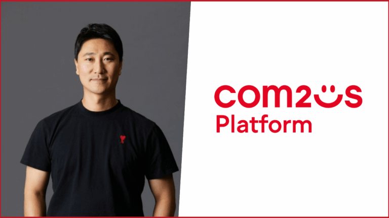 Com2uS Platform logo on the right, seon shin photo on the left