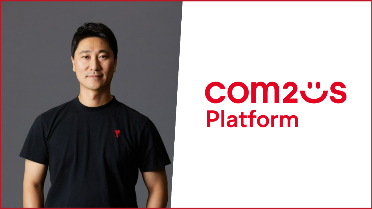 Com2uS Platform logo on the right, seon shin photo on the left