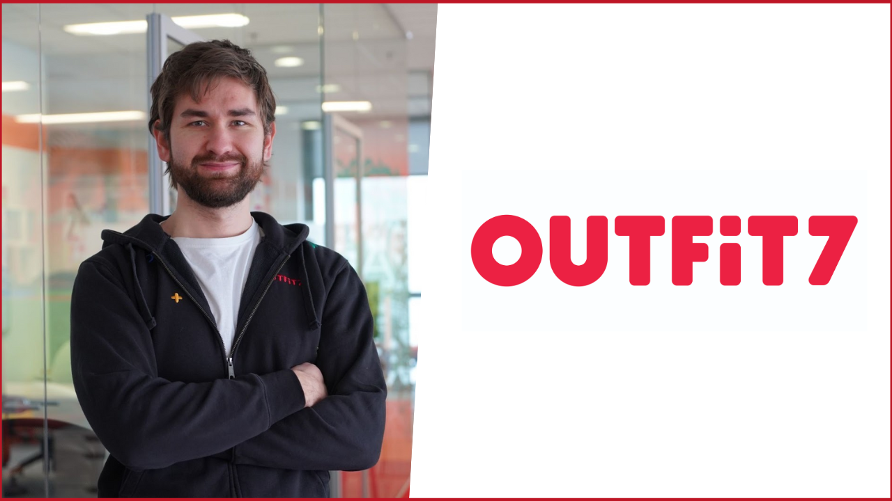 Outfit7 logo on the right, Ziga Sedovnik photo on the left