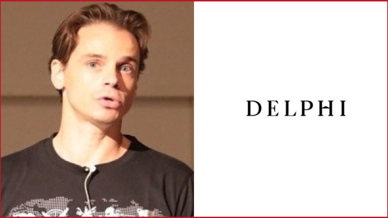 Delphi Interactive logo on the right, Julien Merceron photo on the left