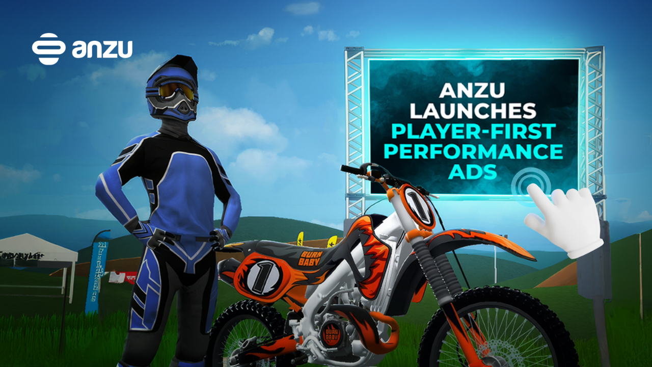 a motorcyle and its biker in the foreground, in the bacgkround there is a bilboard and it says "Anzu launches player first performance ads".