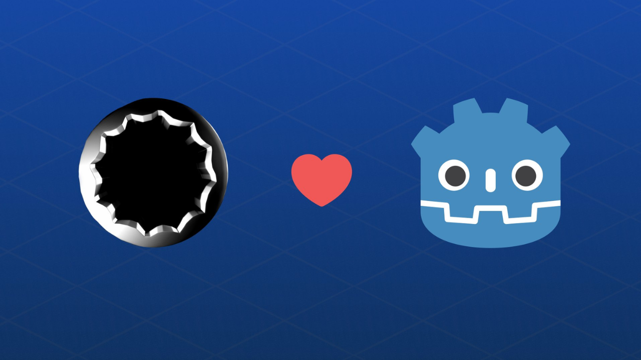 Buckshot Roulette logo on the left, godot engine logo on the right with a hearth emoji in the middle