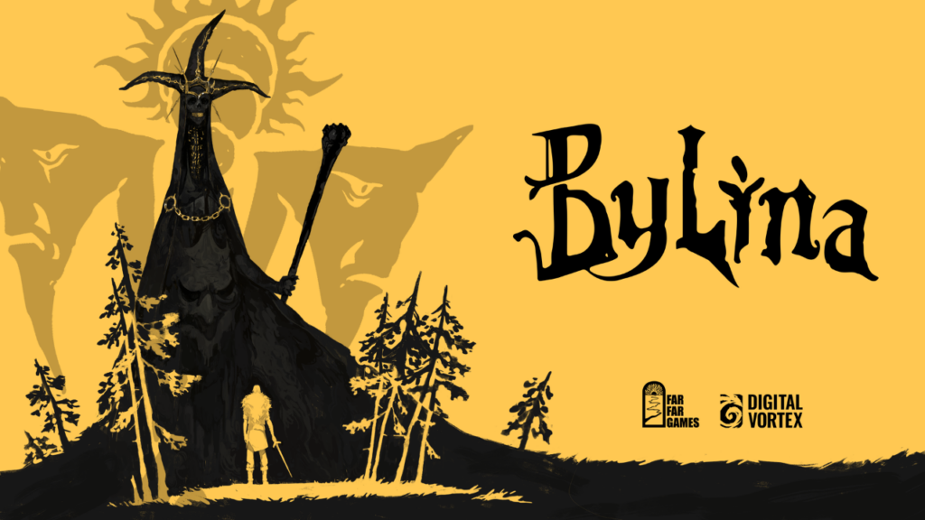 bylina game cover art and logo, with far far games and digital vortex company logos below