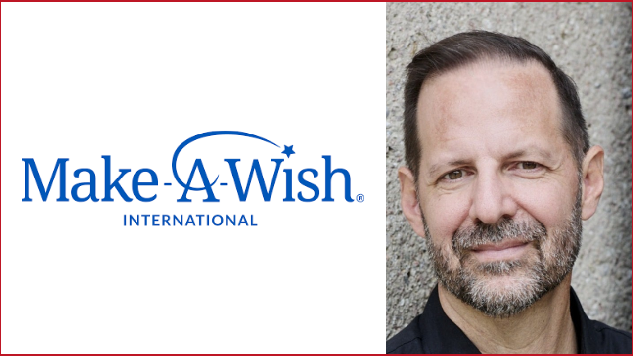 Markus Wilding photo on the right, Make A Wish International logo on the left