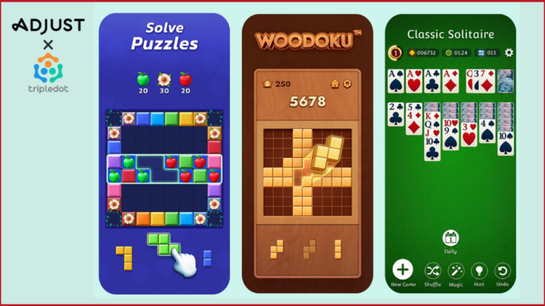 Solda Adjust ve Tripledot Studios logoları, sağda Woodooku Solitarier oynanış görselleri