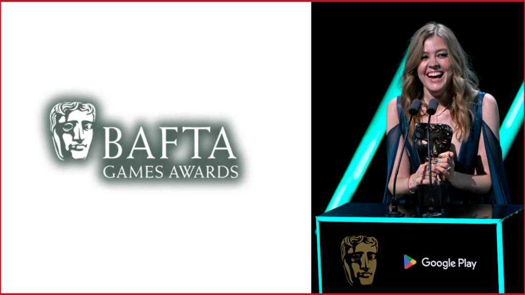 Bafta Game Awards logo on the left, photo of Jennifer English in Bafta Game Awards on the right