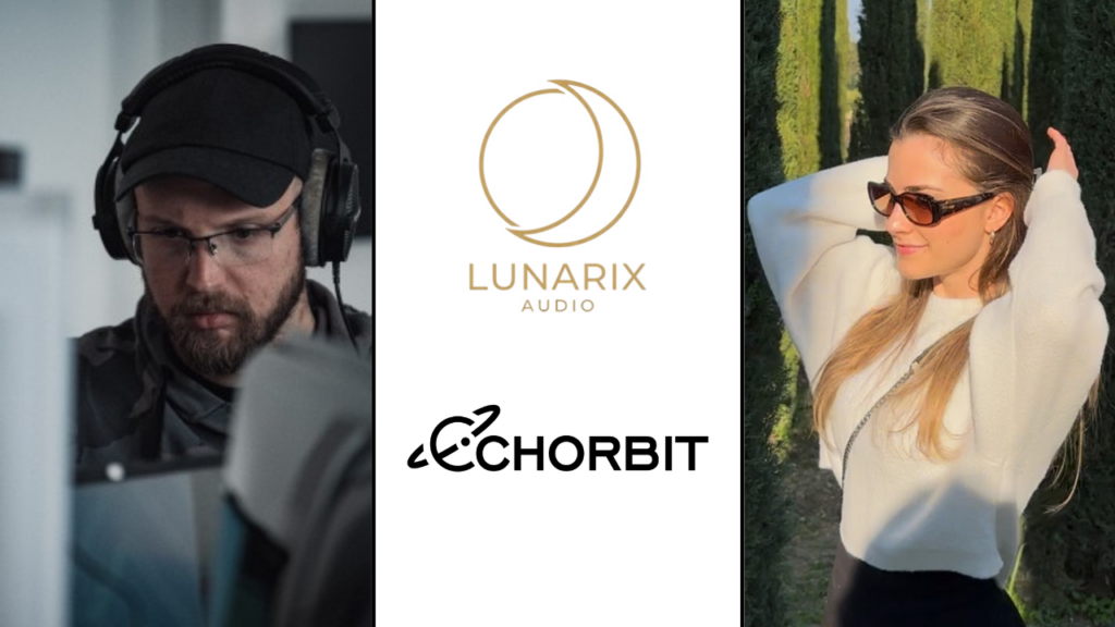 Solda Echorbit Kurucu Ortağı ve CEO'su Ogeday Ergüven, ortada Lunarix Audio ve Echorbit logoları, en sağda ise Balca Özcan'ın fotoğrafı