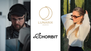 Solda Echorbit Kurucu Ortağı ve CEO'su Ogeday Ergüven, ortada Lunarix Audio ve Echorbit logoları, en sağda ise Balca Özcan'ın fotoğrafı