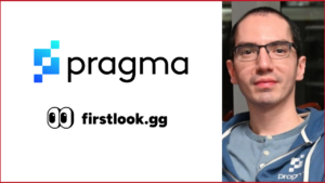 Pragma & FirstLook gg's logos on the left, Adrian Arbeloda photo on the right