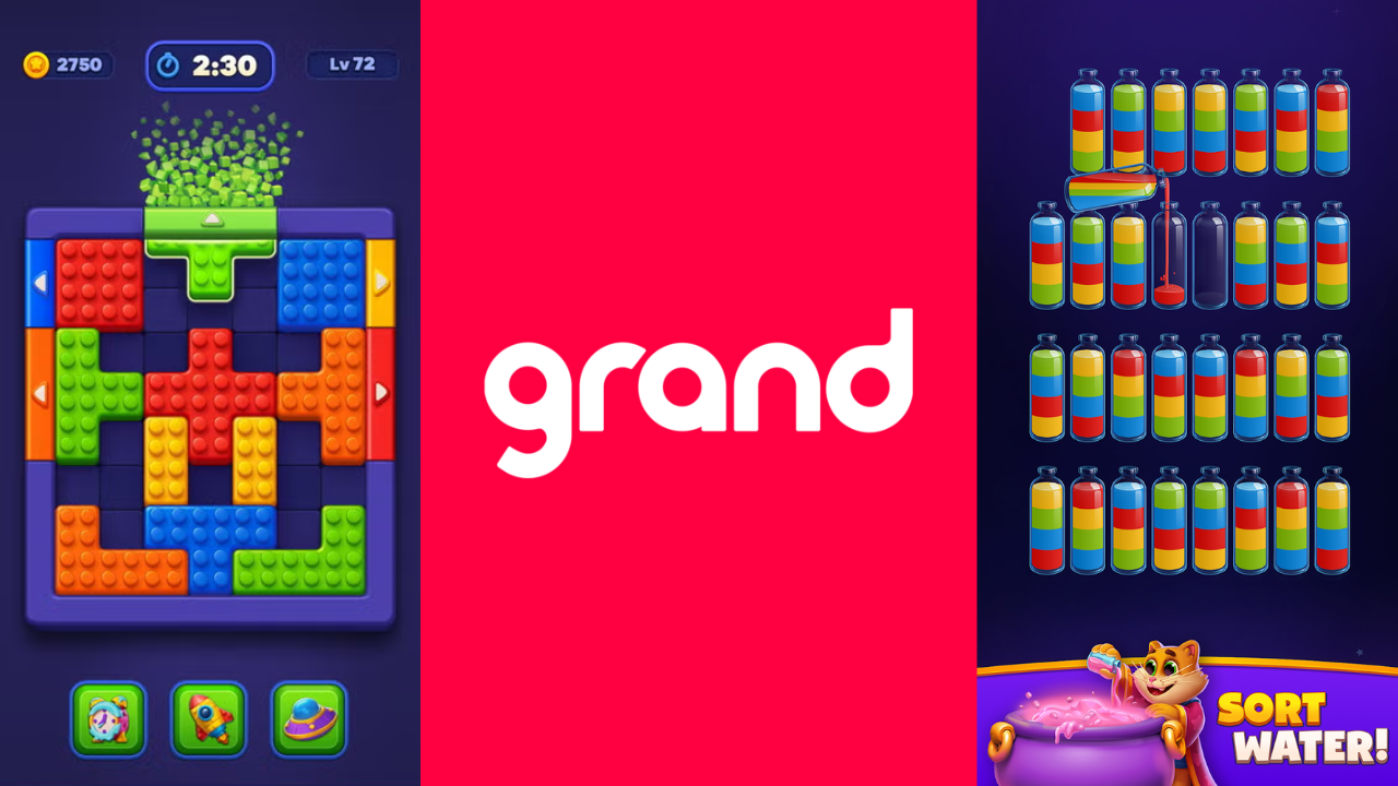 grand games logo in the middle, gameplay screen from block out on the left and gameplay screen from magic sort on the right