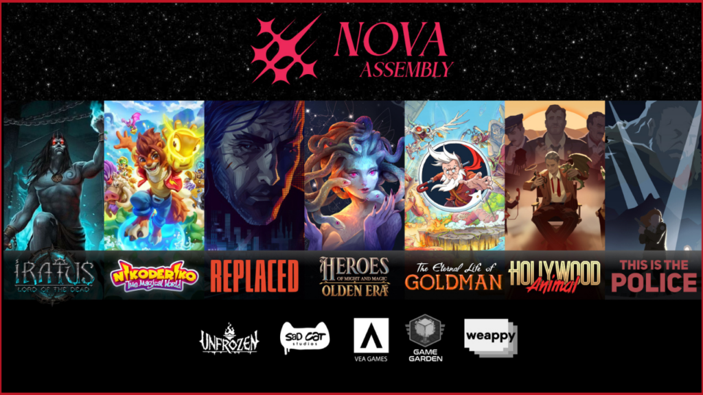 Nova Assembly logo on top, game logos for Iraturs, Nikoderiko, Replaced, Heroes of Might And Magic Olden Era, The Eternal Life of Goldman, Holywood Animal, and This is the Police in the middle row, and at the bottom studio logos of Unfrozen, Sad Cat Studios, VEA Games, Game Garden and weappy from left to right