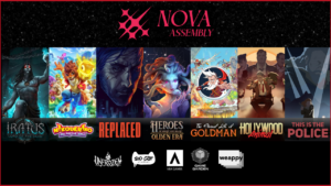 Nova Assembly logo on top, game logos for Iraturs, Nikoderiko, Replaced, Heroes of Might And Magic Olden Era, The Eternal Life of Goldman, Holywood Animal, and This is the Police in the middle row, and at the bottom studio logos of Unfrozen, Sad Cat Studios, VEA Games, Game Garden and weappy from left to right