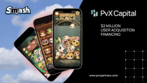 Smash Games' Animal Suika game on a phone screen on the left, pvx capital logo on the right