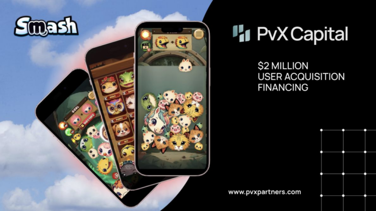 Smash Games' Animal Suika game on a phone screen on the left, pvx capital logo on the right