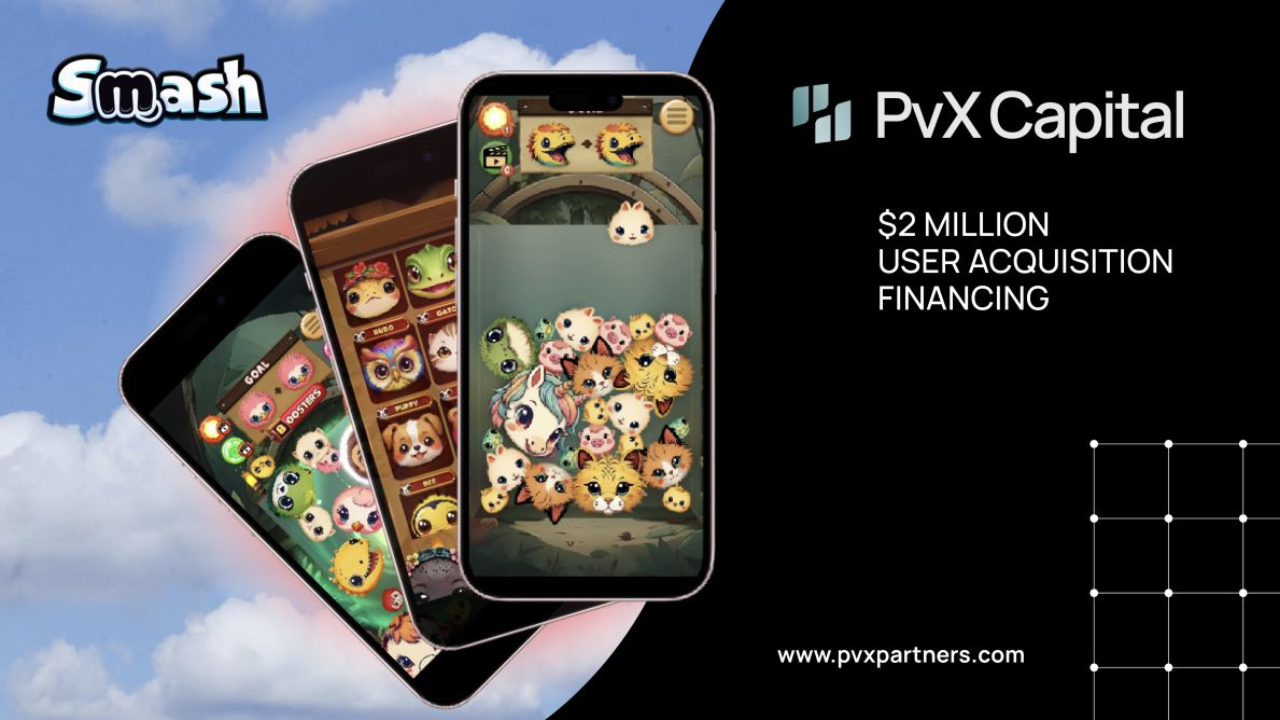 Smash Games' Animal Suika game on a phone screen on the left, pvx capital logo on the right