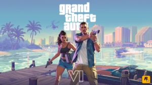 GTA VI cover art featuring game's main characters Lucia and Jason