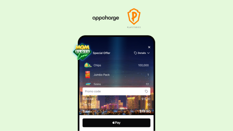 Appcharge and Play Studios logos on top, with a phone screen showcasing mgm slots live game
