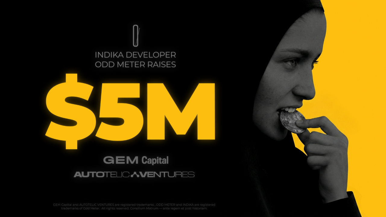 INDIKA game character on the right side, "INDIKA Developer Odd Meter Raises $5M" text on the left, with Gem Capital and Autotelic Ventures logos on the bottom