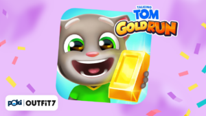 Talking Tom holding a gold piece on his hand. Poki and Outfit7 logos on bottom left