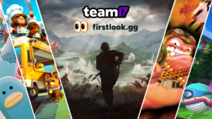Team17 and Firstlook.gg logos in the middle, Team17 game cover arts slashed in vertical lines