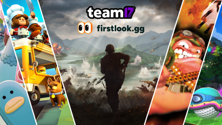Team17 and Firstlook.gg logos in the middle, Team17 game cover arts slashed in vertical lines