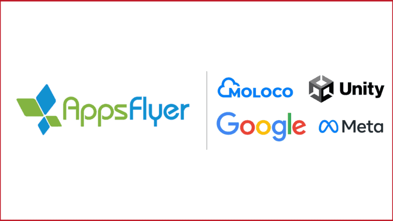AppsFlyer logo on the left, Google, Meta, Unity and Moloco logos on the right