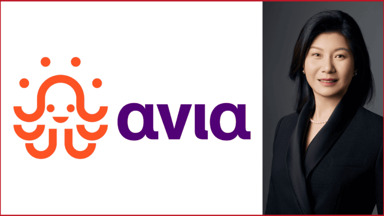 Logo of AviaGames on the left, photo of CEO Vickie Chen on the right