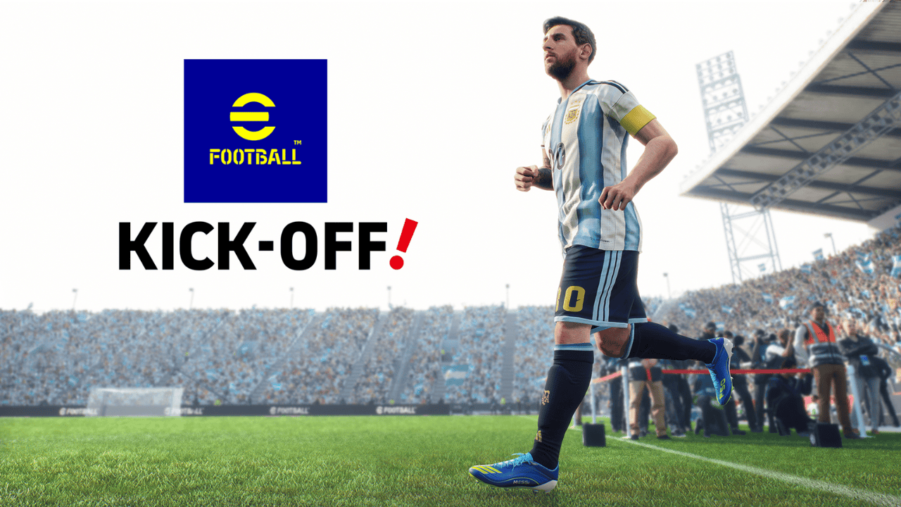 eFootball Kick-Off! cover art with Messi on the pitch and game's logo