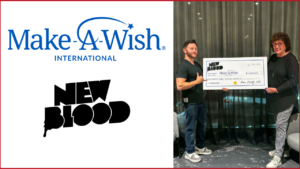 New Blood Interactive and Make A Wish logos on the left, Dave Oshry, CEO of New Blood Interactive, presents Anne Fitsemanu, CEO of Make-A-Wish New Zealand with their donation to grant wishes photo on the right