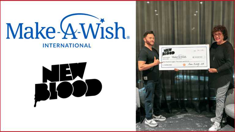 New Blood Interactive and Make A Wish logos on the left, Dave Oshry, CEO of New Blood Interactive, presents Anne Fitsemanu, CEO of Make-A-Wish New Zealand with their donation to grant wishes photo on the right