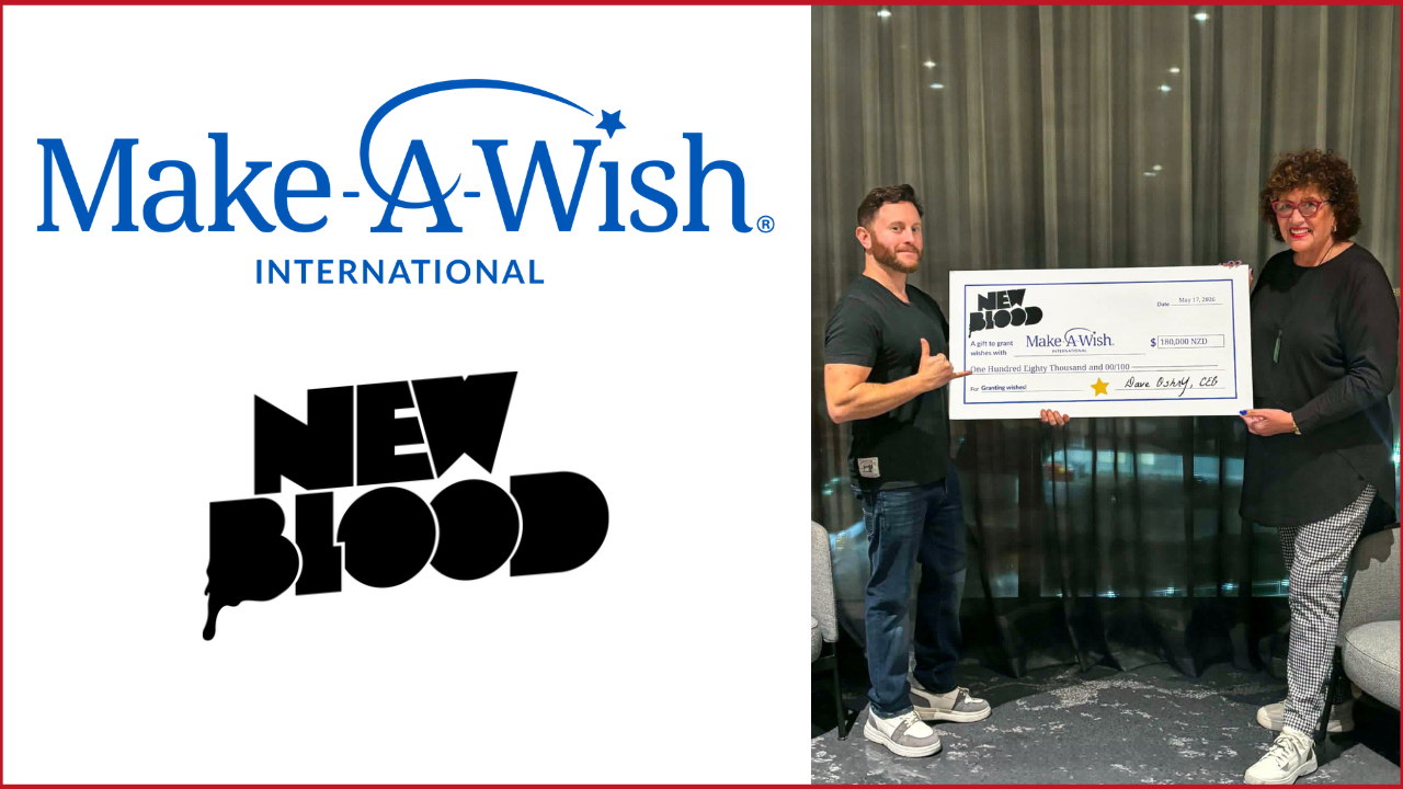 New Blood Interactive and Make A Wish logos on the left, Dave Oshry, CEO of New Blood Interactive, presents Anne Fitsemanu, CEO of Make-A-Wish New Zealand with their donation to grant wishes photo on the right