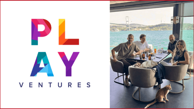Play Ventures logo on the left, Selin Esin and Play Ventures team members photo on the right