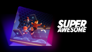 SuperAwesome logo on the right, Roblox gameplay shot on the left