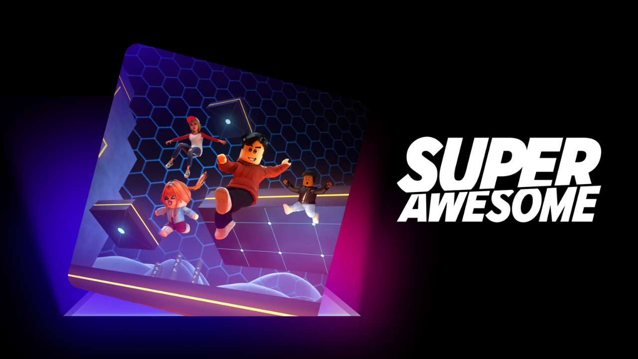 SuperAwesome logo on the right, Roblox gameplay shot on the left