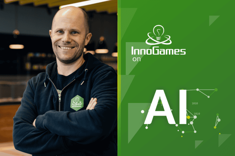 InnoGames logo on the right with "AI" text on it, Sven Miketta photo on the left