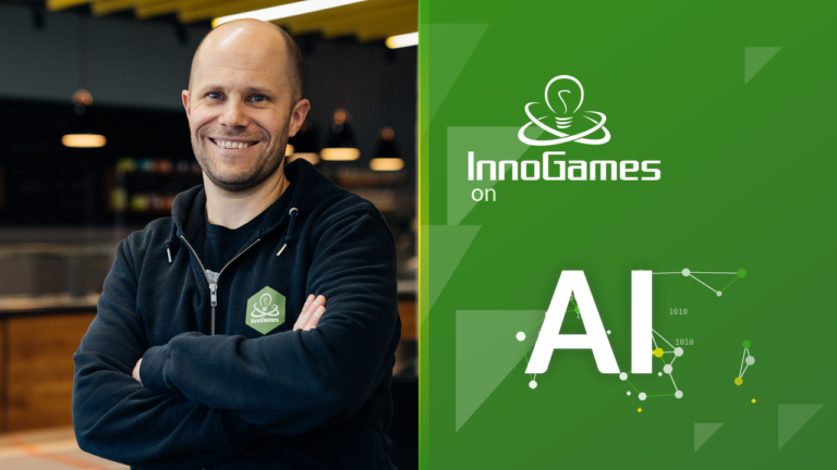 InnoGames logo on the right with "AI" text on it, Sven Miketta photo on the left