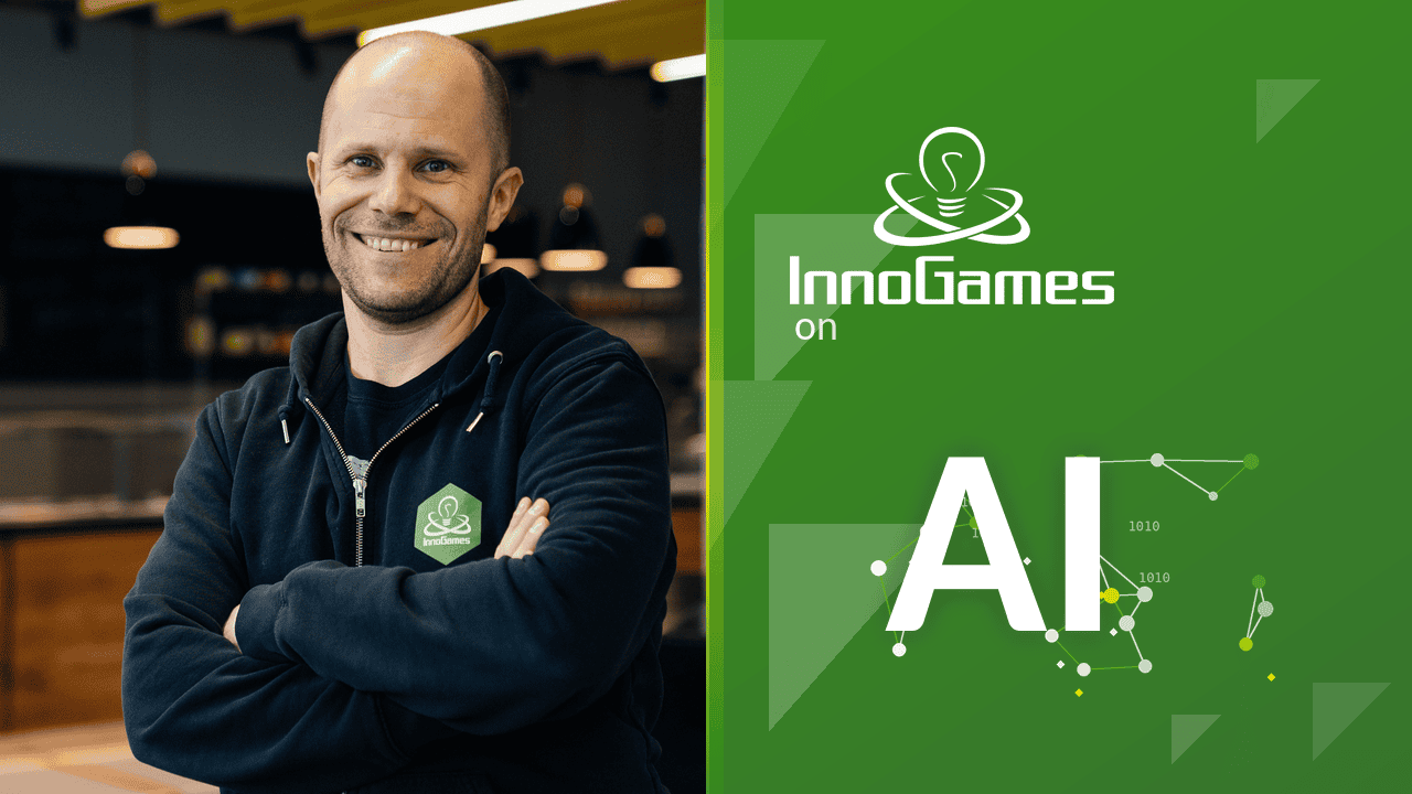 InnoGames logo on the right with "AI" text on it, Sven Miketta photo on the left