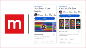 Machina Games logo with Google Play Store listings for Sort Dash and Card Shuffle Sort, highlighting the studio's mobile puzzle game success.