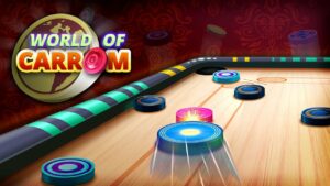World of Carrom 3D board game gameplay showing colorful carrom coins on a wooden board