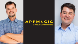 Roman Gurskiy on the left side, Kirill Gurskiy on the right side from GEM Capital, between them is the new AppMagic logo with "a Sensor Tower company" text