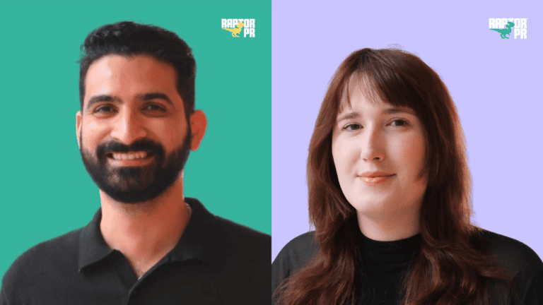 ruzbeh gazdar photo on the left, sophia hollis photo on the right, both pictures have raptor pr logo on top right