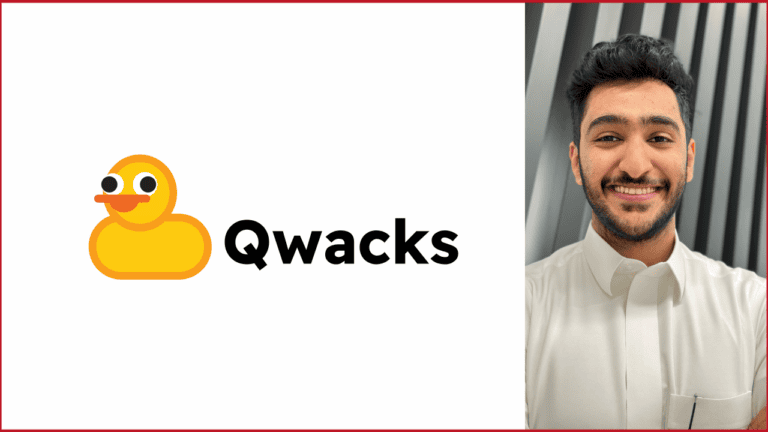 Anas AlSahli photo on the right, Qwacks logo on the left