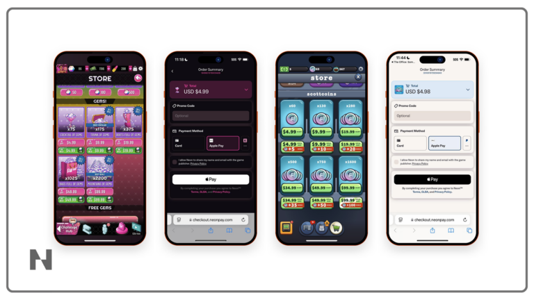 East Side Games casual games showing Neon Direct Checkout screens