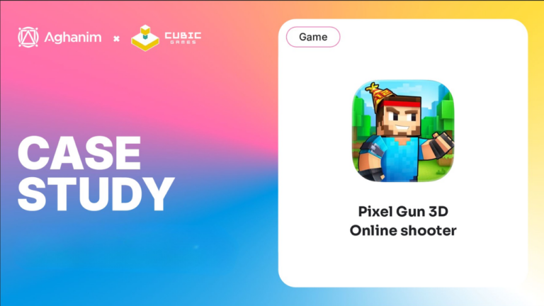 Aghanim and Cubic Games logos on top left, Pixel Gun 3D game app icon on the right, "CASE STUDY" text on the left